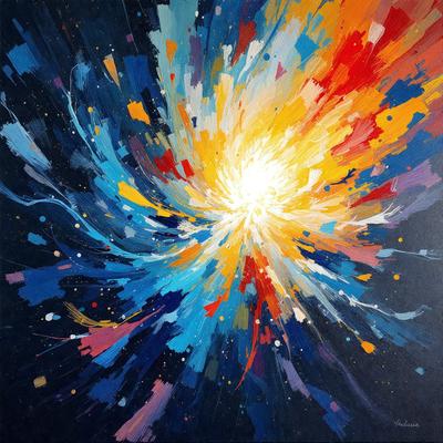 The primary subject of the image is a vibrant and colorful painting. The setting is a black background, which contrasts with the painting's colors. The visual style is a mix of digital art and illustration, creating a dynamic and artistic representation. The painting features a variety of colors, including blue, red, yellow, and orange, which contribute to a lively and energetic atmosphere.